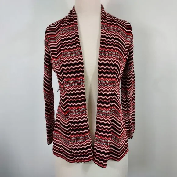 Anne Klein Chevron Cardigan Sweater size Small Open Front Tie Belt Red Black - Picture 3 of 11